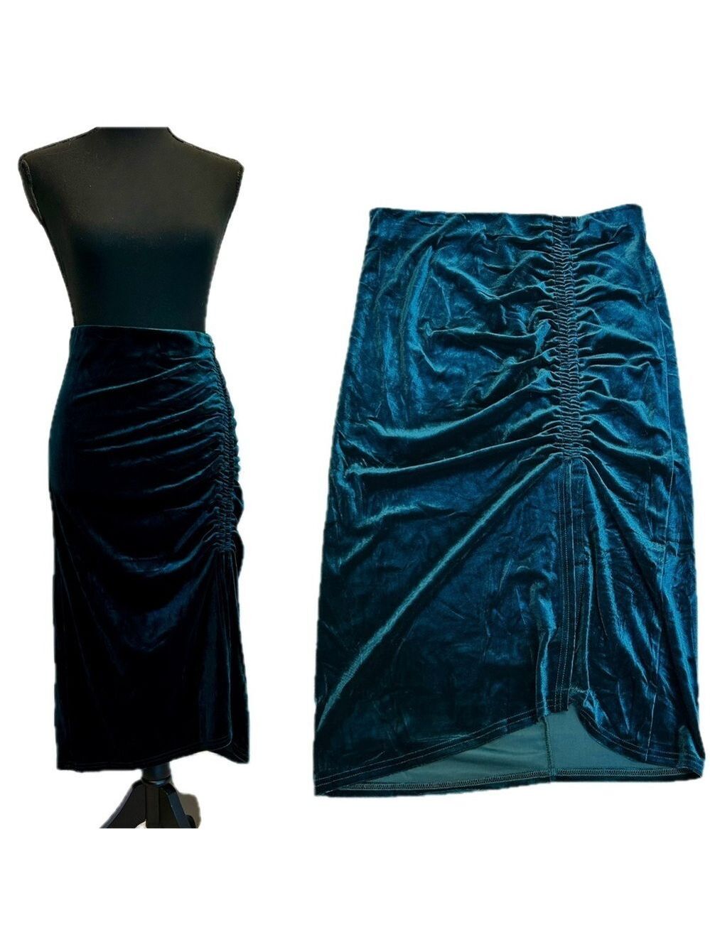 Laundry Shelli Segal aquamarine emerald green velvet ruched high slit midi skirt